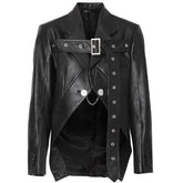 Black leather jacket with unique design elements on a white background